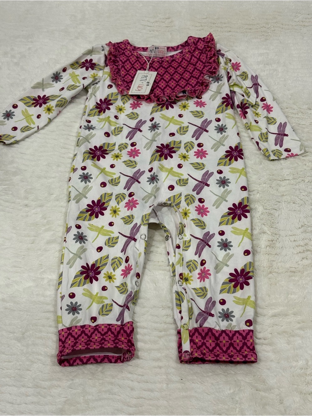 Pink & White Floral Dragonfly Baby One-Piece